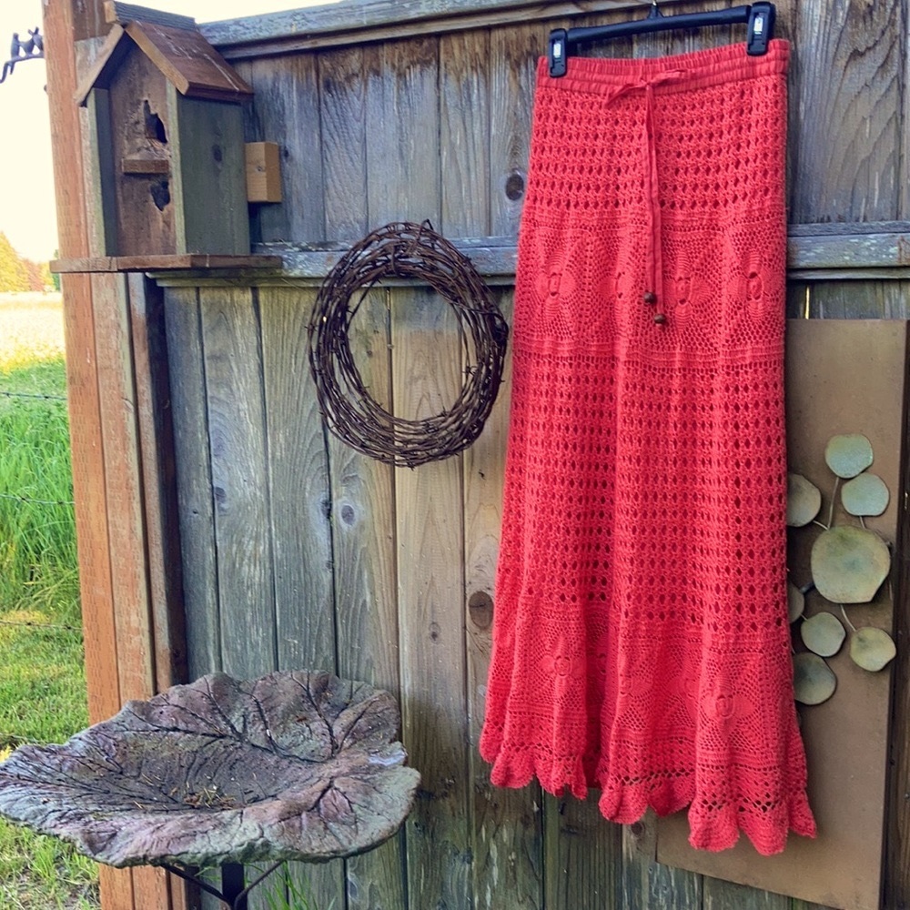 “lucky & Coco” Boho Crocheted Peach Maxi Skirt